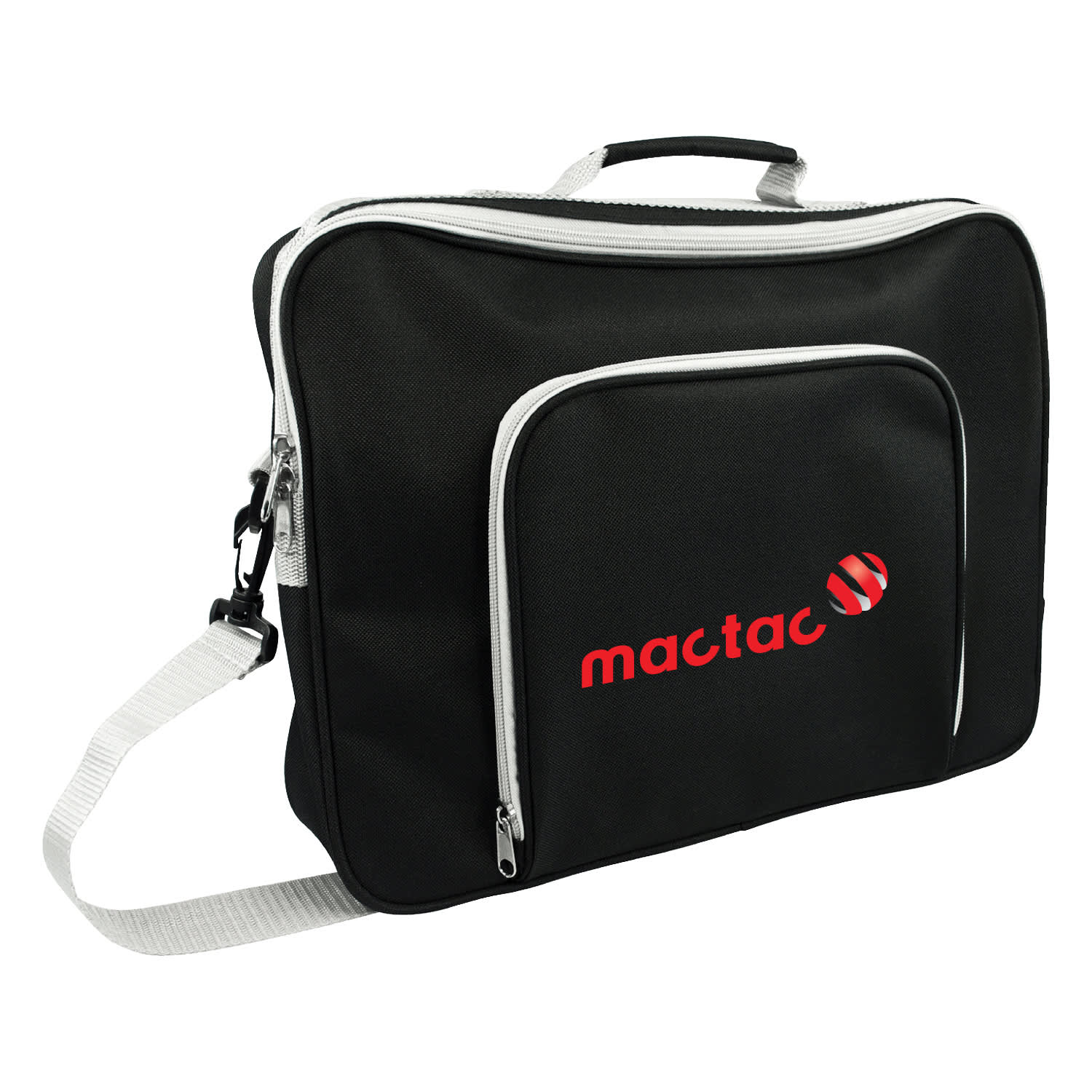 A black laptop bag with a front pocket and a white strap, featuring a logo on the front.