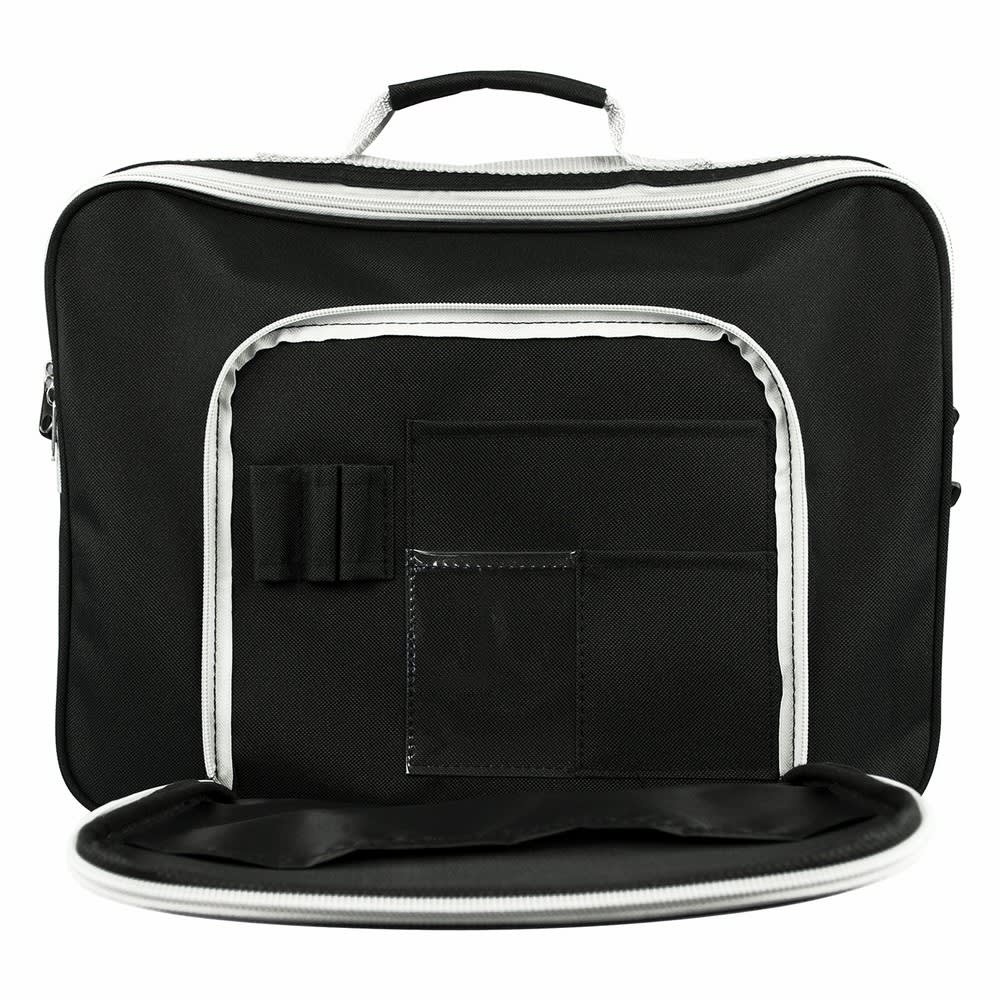 A black laptop bag with white accents, featuring multiple pockets and compartments, including a logo on the front.