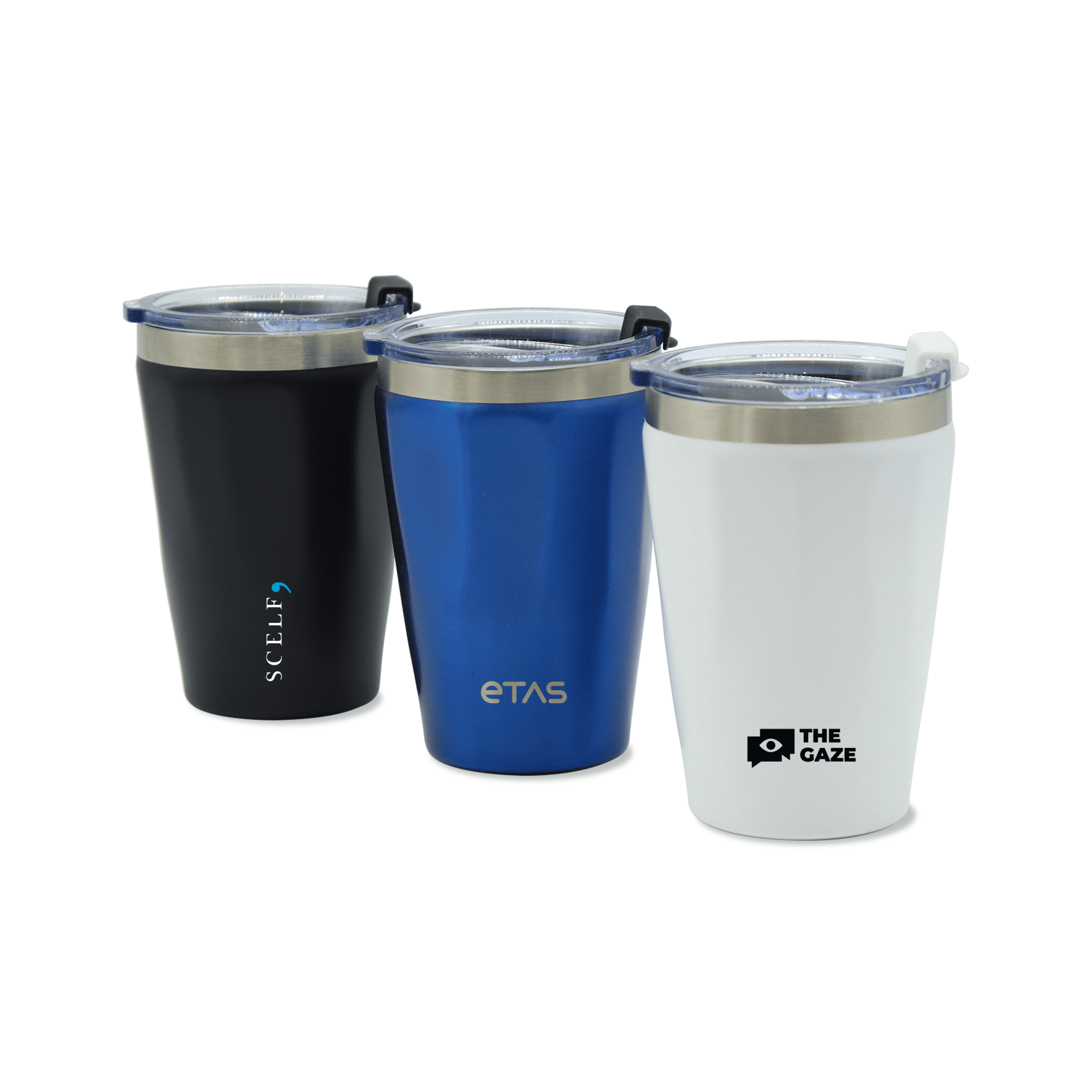 A drink bottle featuring three tumblers in black, blue, and white with lids and a logo on one.