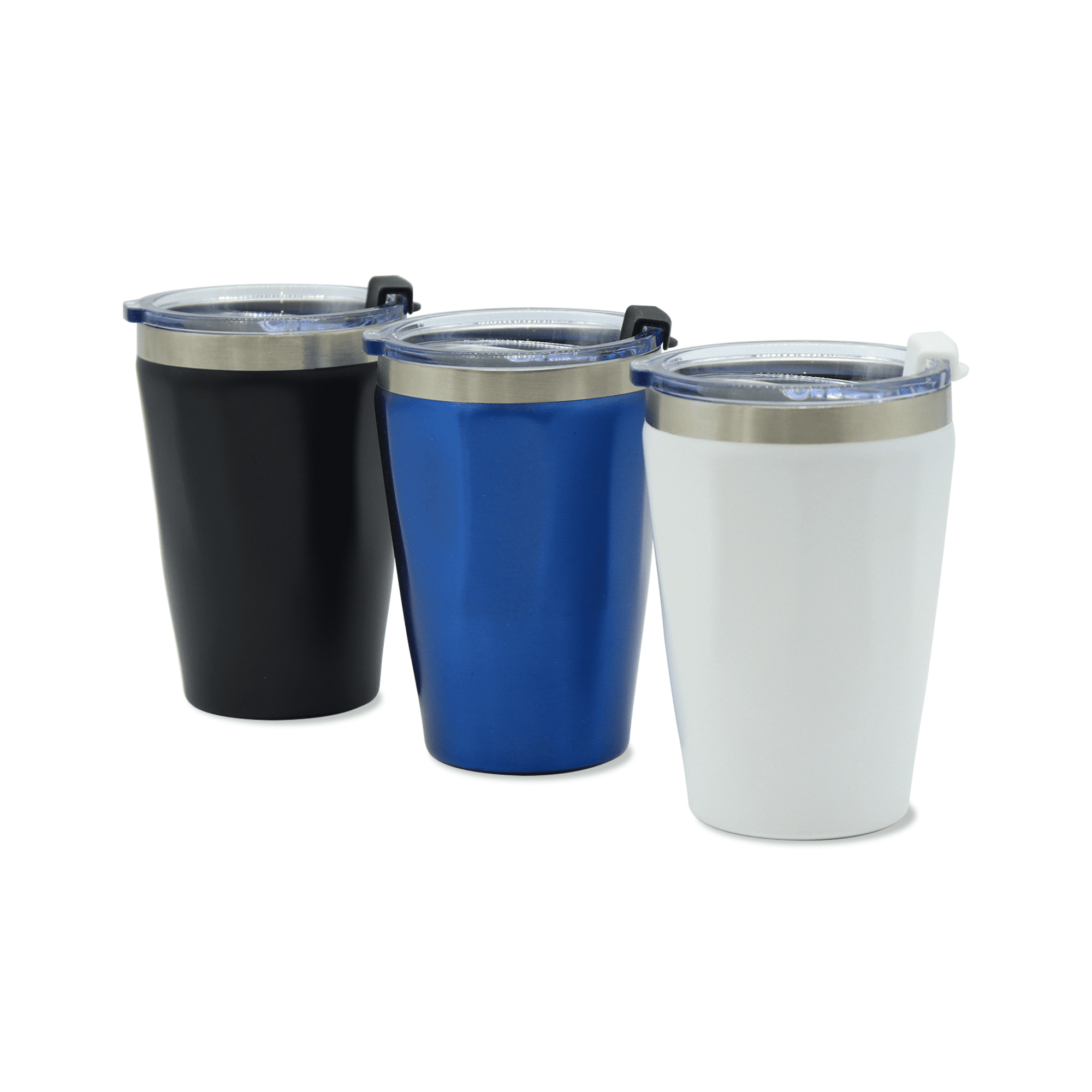 A drink tumbler set in black, blue, and white, featuring stainless steel accents and a lid.