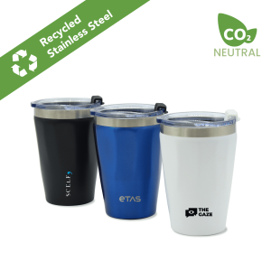 A drink bottle set featuring three tumblers in black, blue, and white, made of recycled stainless steel with lids and logos.
