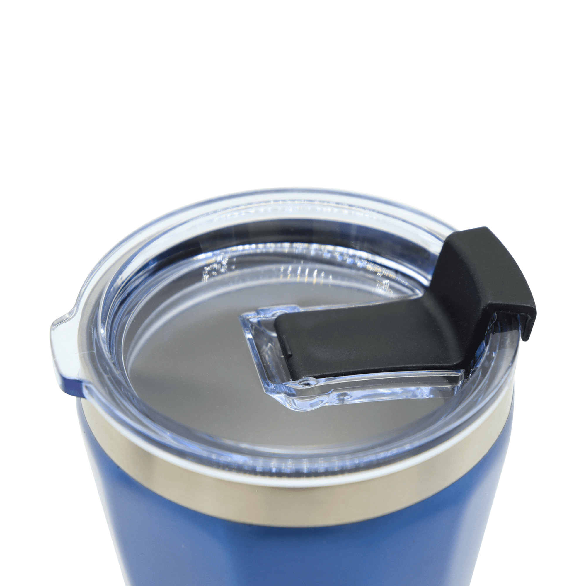 A drink bottle with a blue exterior and a clear lid featuring a black closure. It has a metallic band around the top.