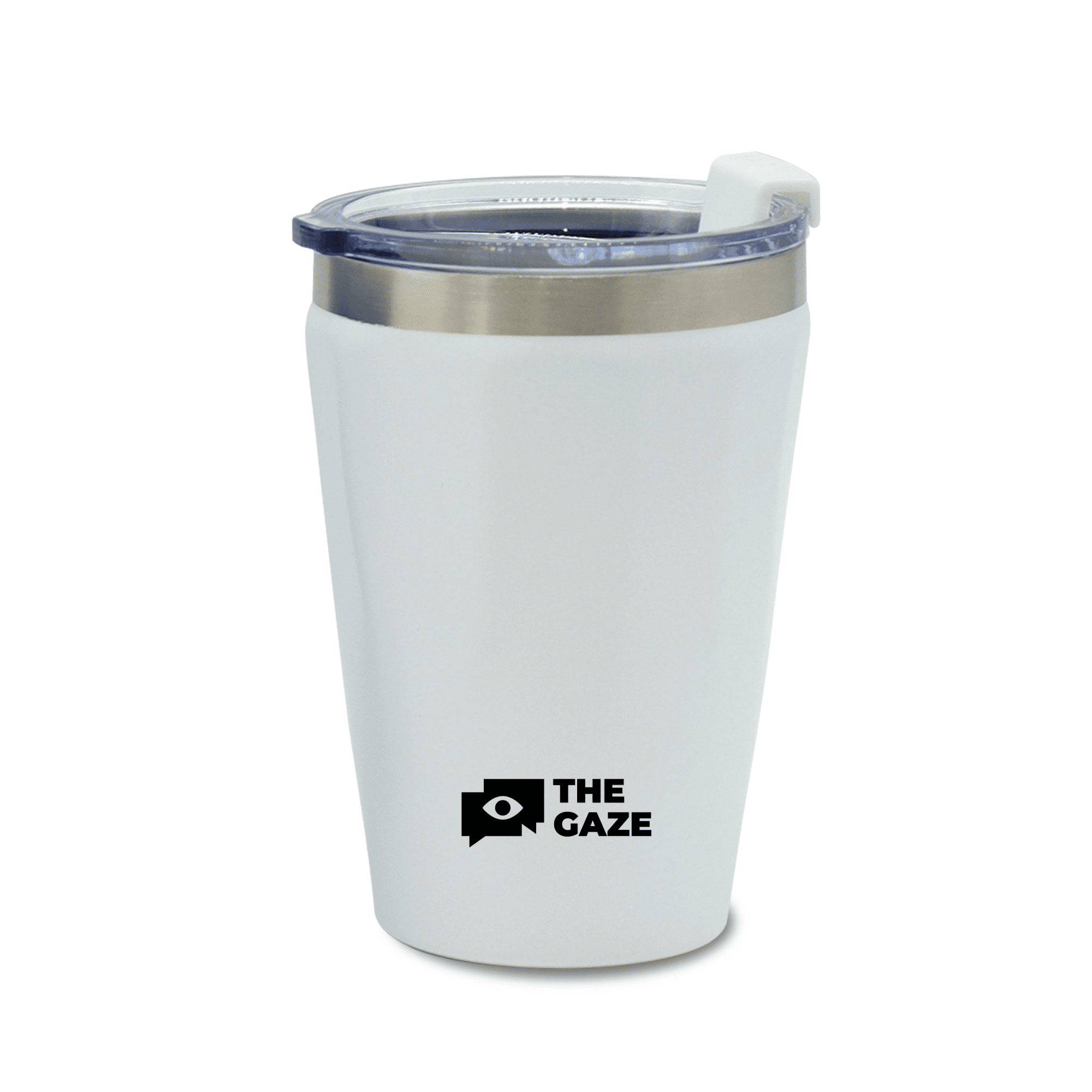 A drink bottle in white with a stainless steel rim and a transparent lid, featuring a logo.