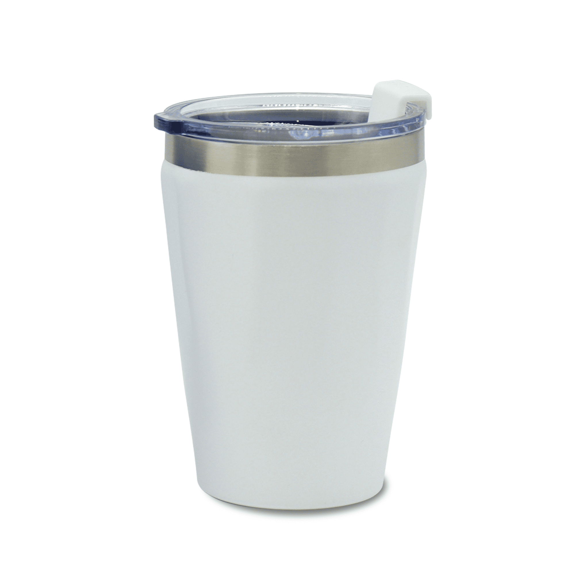 A drink bottle with a white exterior and stainless steel band, featuring a clear lid and an airtight seal.