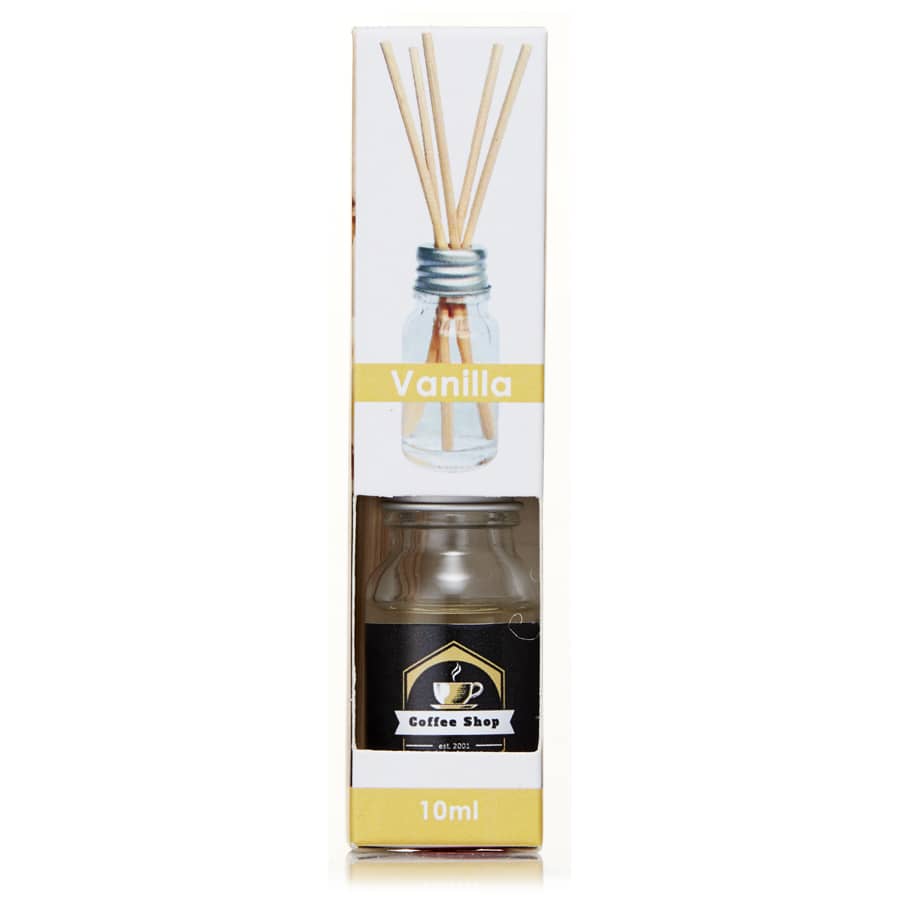 A 10ml reed diffuser in a glass bottle with wooden reeds, presented in a decorative box featuring a black and gold logo.