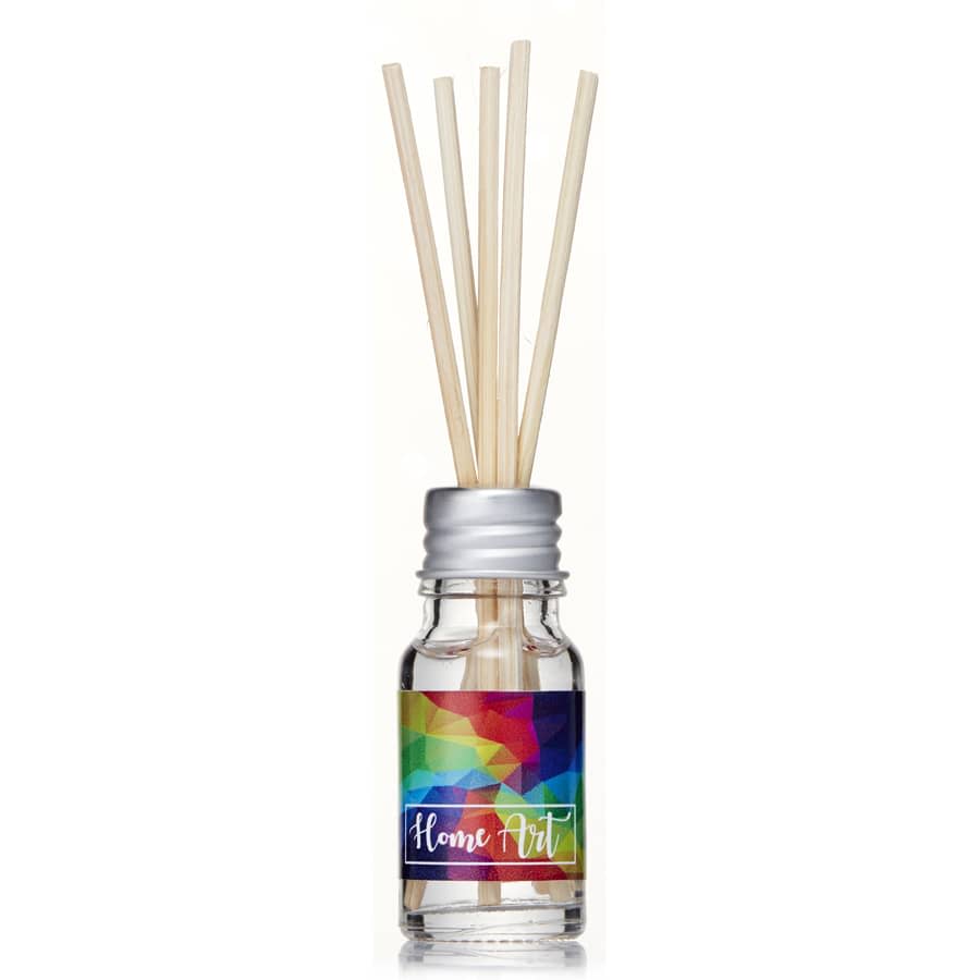 A 10ml clear glass reed diffuser with a multi-coloured label and wooden reeds. It has a silver metal cap.