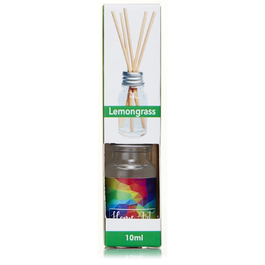 A 10ml reed diffuser in a clear bottle, featuring coloured packaging and bamboo reeds for scent distribution.