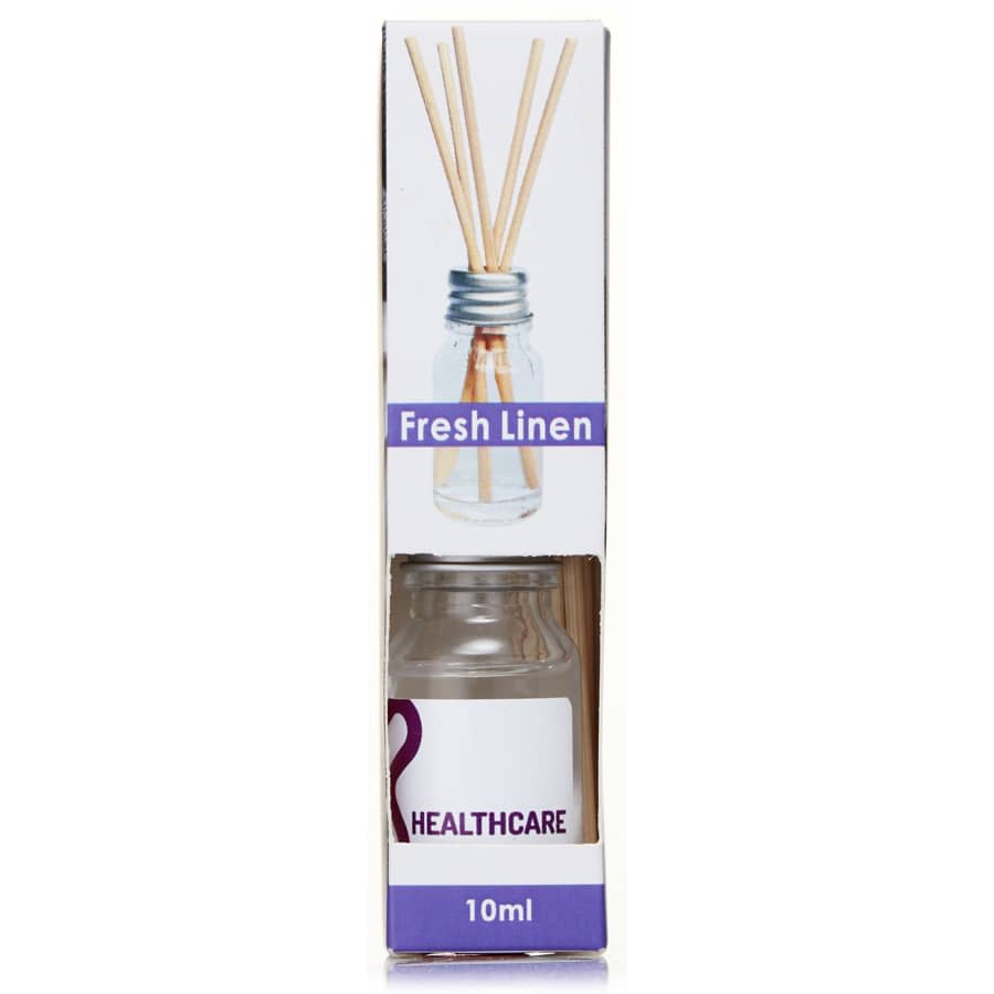 A 10ml glass reed diffuser featuring a fresh linen scent, with wooden sticks included. The box has a logo.