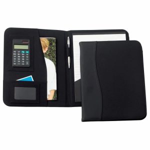 A black A4 pad cover featuring a calculator, notepad, pen, and pockets for cards and photos.