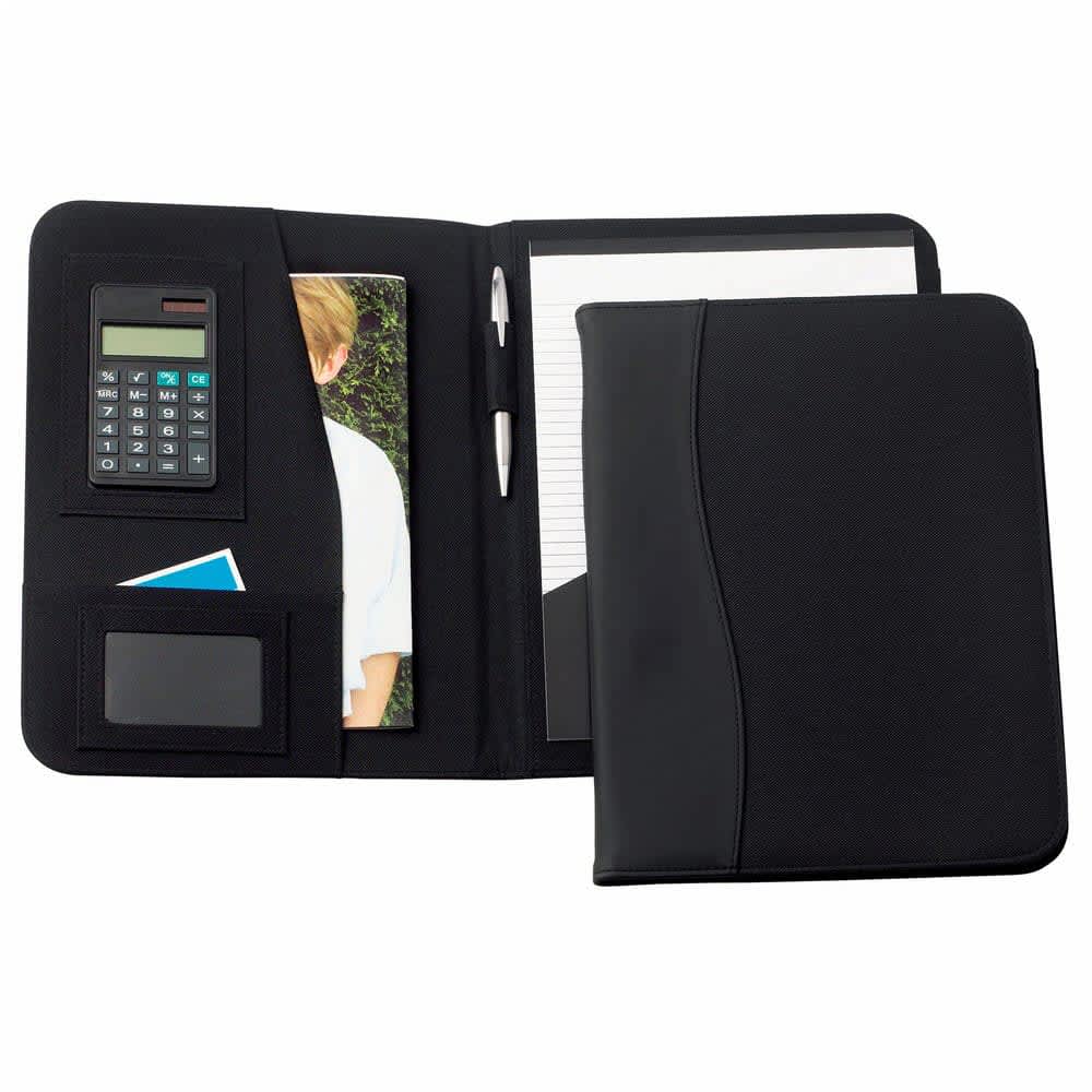 A black A4 pad cover featuring a calculator, notepad, pen, and pockets for cards and photos.