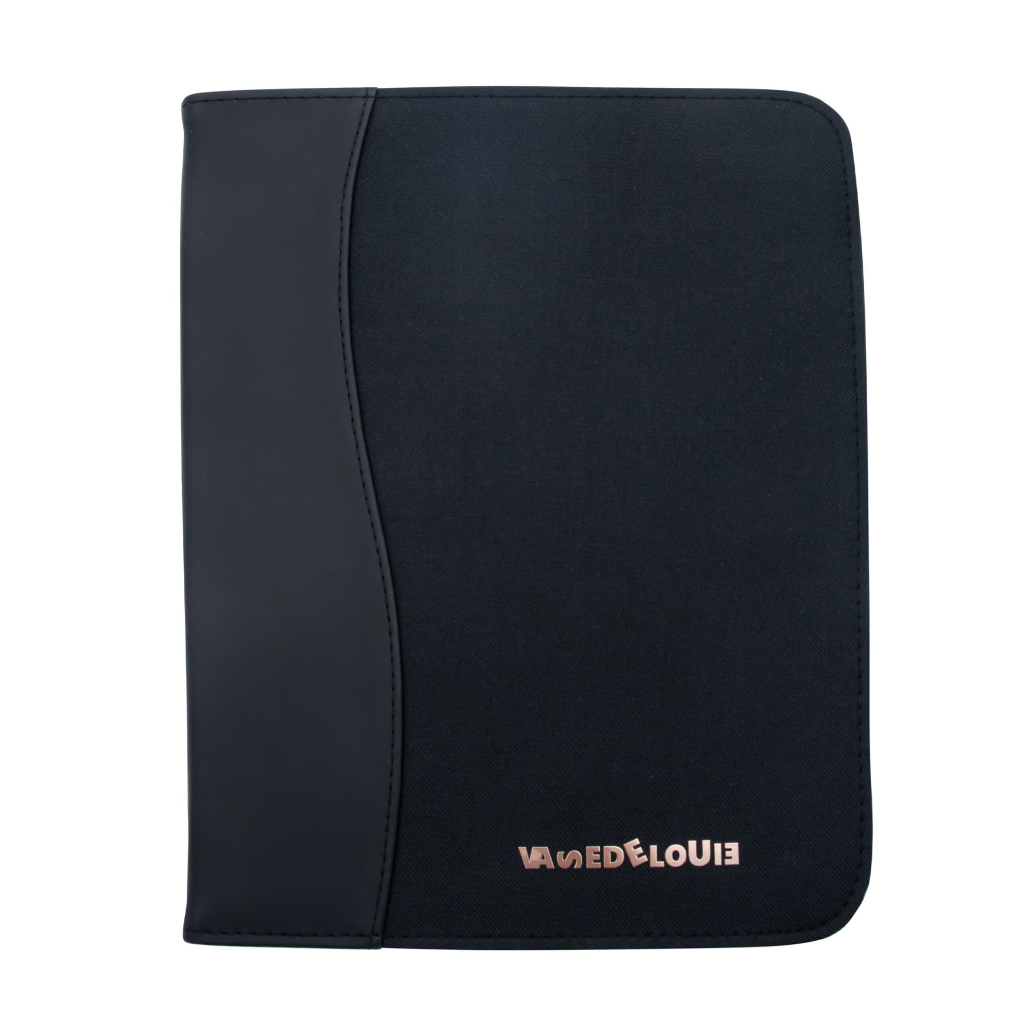 A black A4 pad cover with a textured finish and a logo at the bottom.