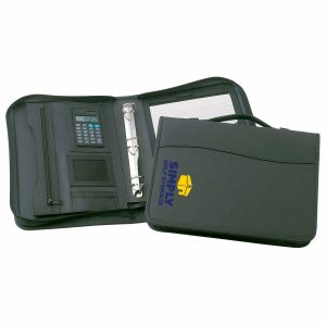 A black zippered compendium with a calculator, D-ring binder, and a pen holder, featuring a logo.