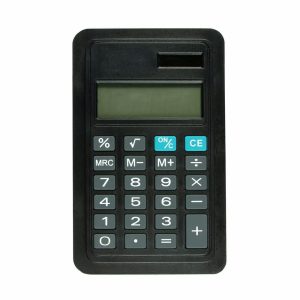 A black calculator featuring an LCD display and a numeric keypad, suitable for office use.