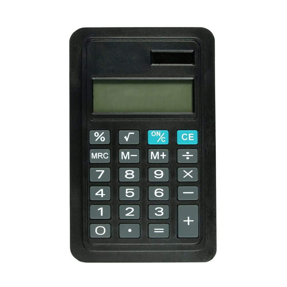 A black calculator featuring an LCD display and a numeric keypad, suitable for office use.
