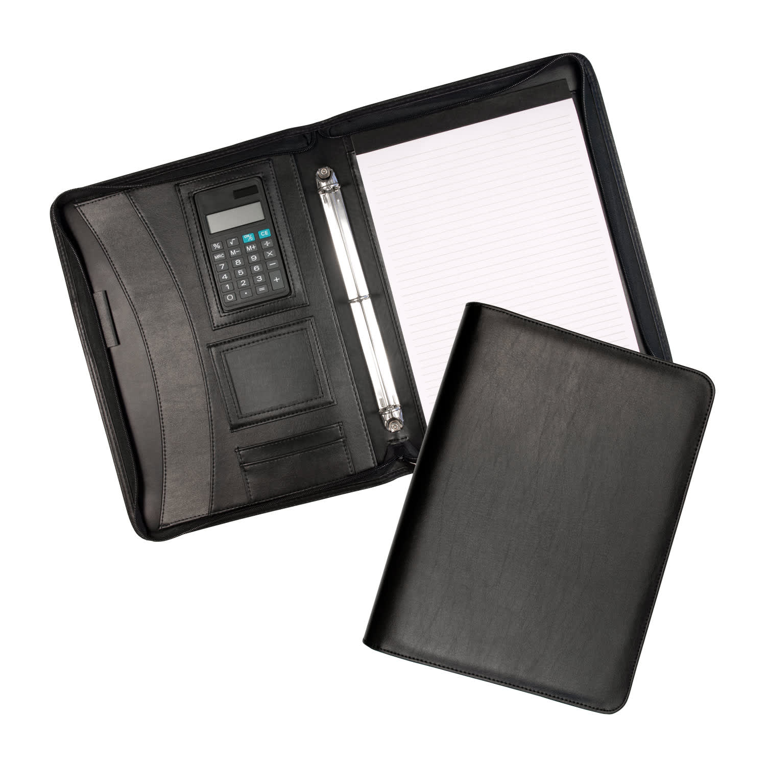 A black zippered compendium with a calculator, notepad, and multiple cardholders inside.