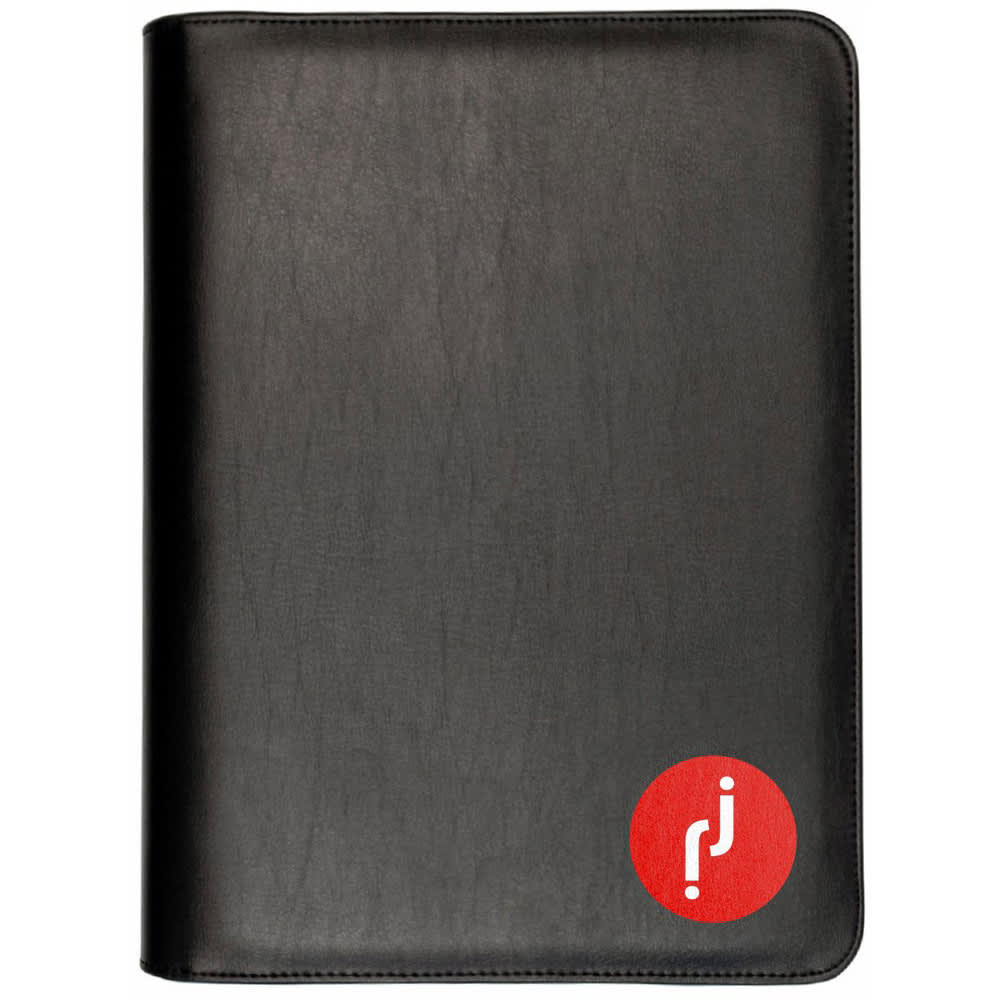 A black zippered compendium featuring a round logo on the front. It includes three rings for holding documents.