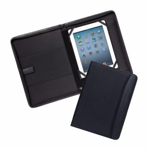 A black A4 compendium with an iPad holder, featuring a smooth exterior and interior pockets.