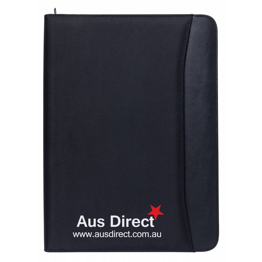 A black A4 compendium with a smooth texture and a pocket on the front, featuring a logo. Ideal for office use.