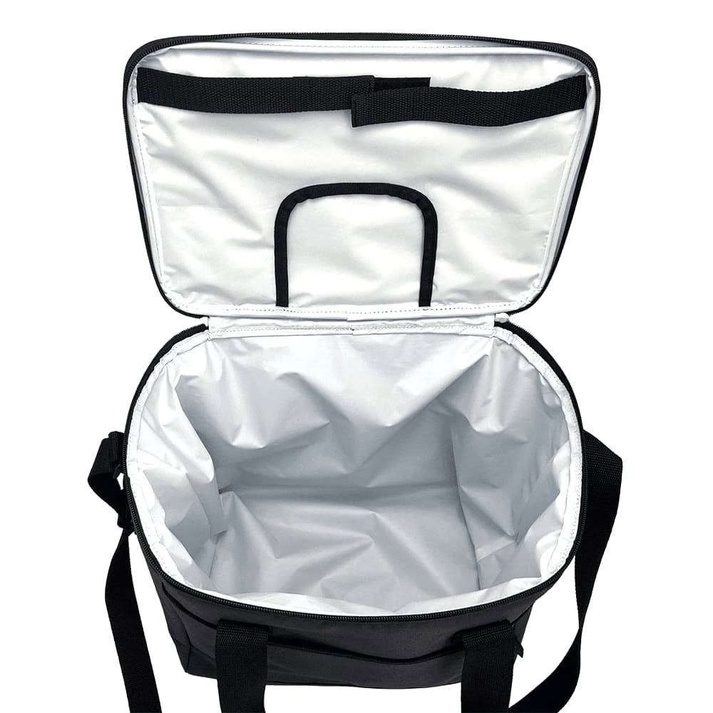 A black cooler bag with a spacious interior, featuring a white lining and a carry handle. It has a logo on the exterior.