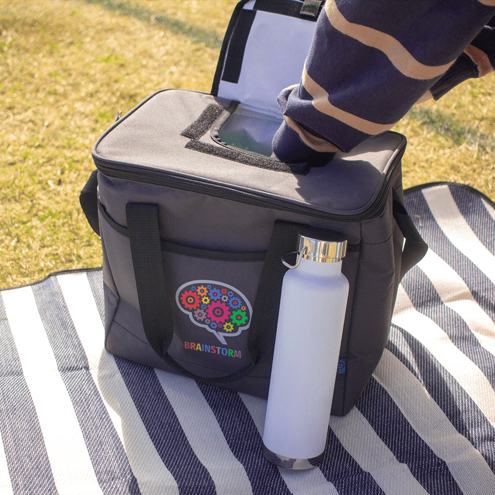A grey cooler bag with a logo, featuring a zippered top and handles, placed on a striped blanket beside a drink bottle.