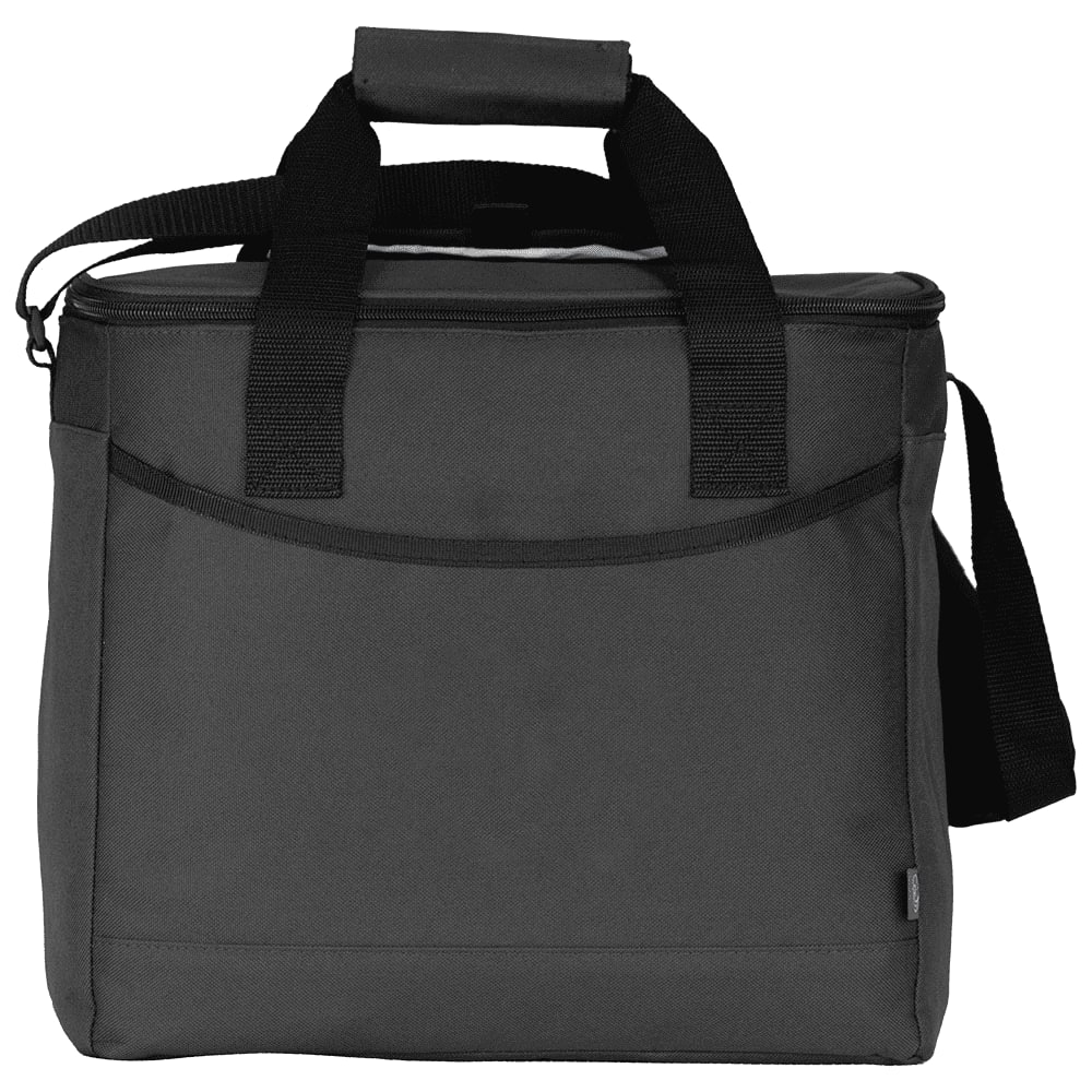 A black cooler bag with two sturdy handles and a detachable shoulder strap, featuring a zippered closure and a front pocket.