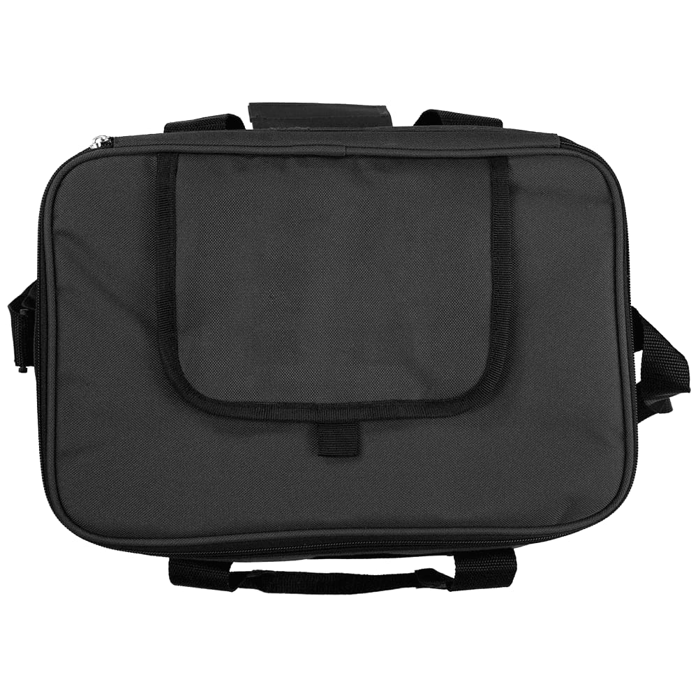 A black cooler bag featuring a front pocket, sturdy handles, and a detachable shoulder strap. It has a logo.