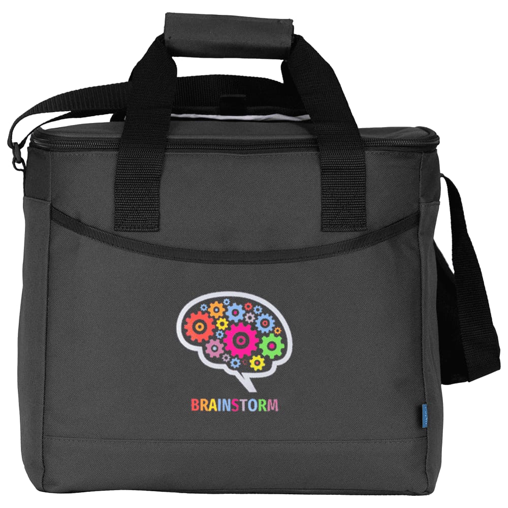 A black cooler bag with a logo featuring a colourful brain design and multiple gears. It has dual handles and a shoulder strap.