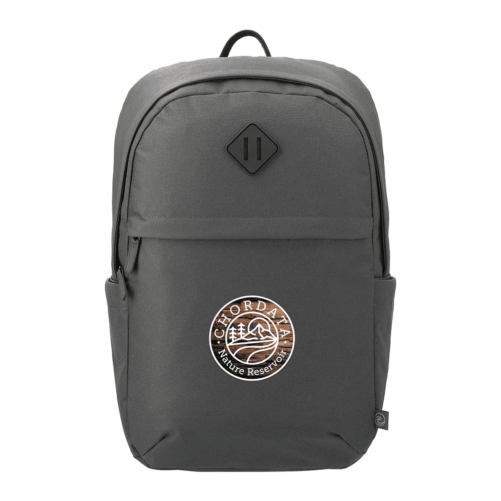 A black computer backpack made from recycled material, featuring a front pocket and a drink bottle in an exterior side pocket.
