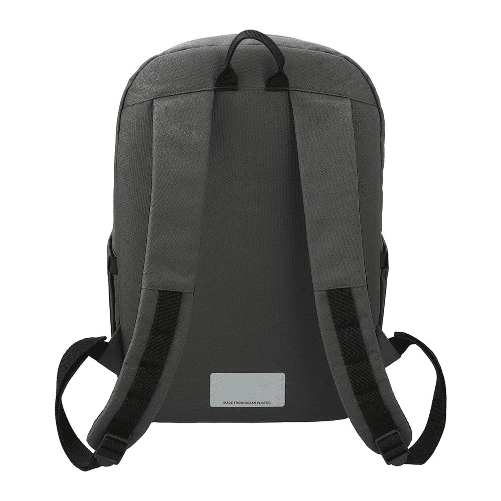 A grey 19L computer backpack made from Repreve recycled material, featuring a front pocket and logo.