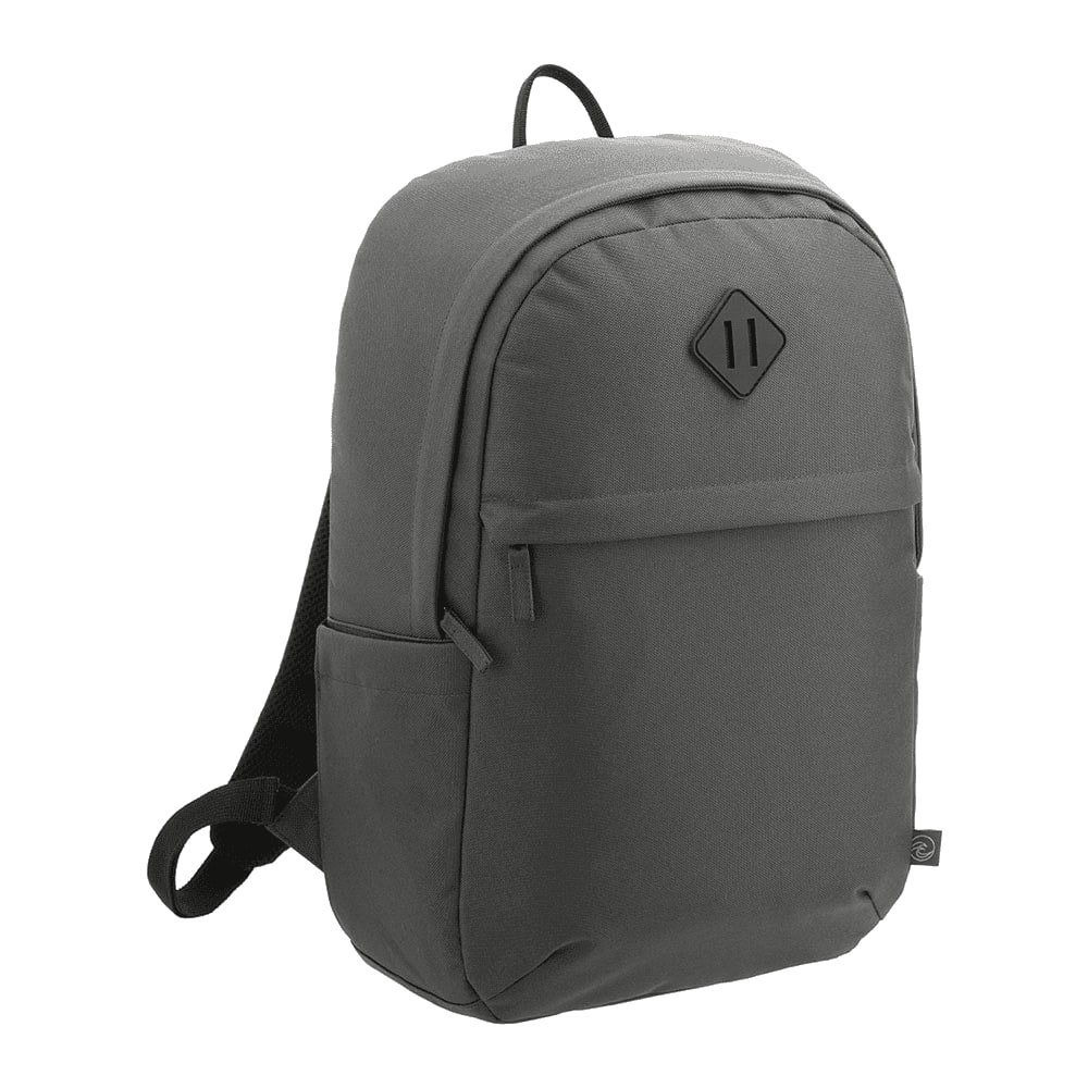 A dark grey backpack made of recycled material, featuring a front pocket and side compartments, with a logo.