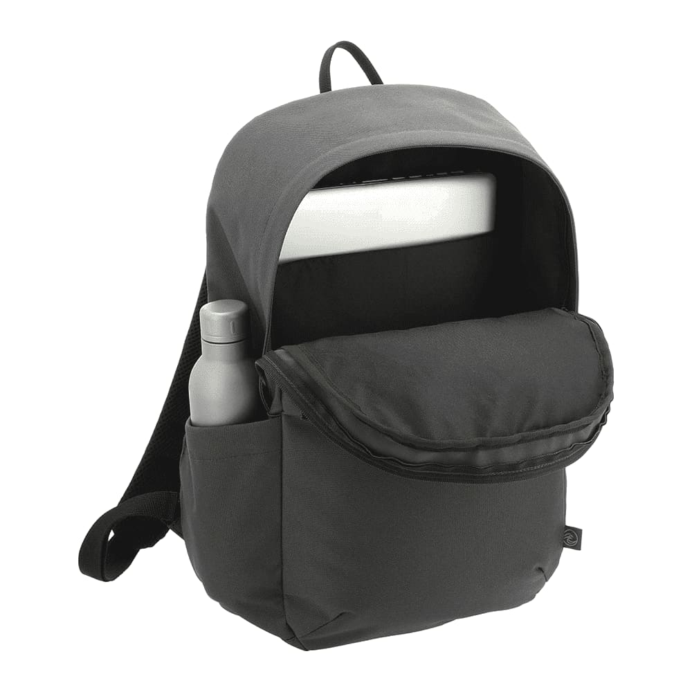 A dark grey backpack with padded shoulder straps and a logo. Made from recycled plastic materials.