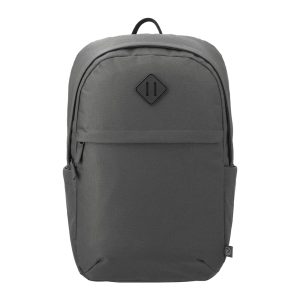 A grey computer backpack made from Repreve recycled material, featuring a logo on the front and adjustable straps.