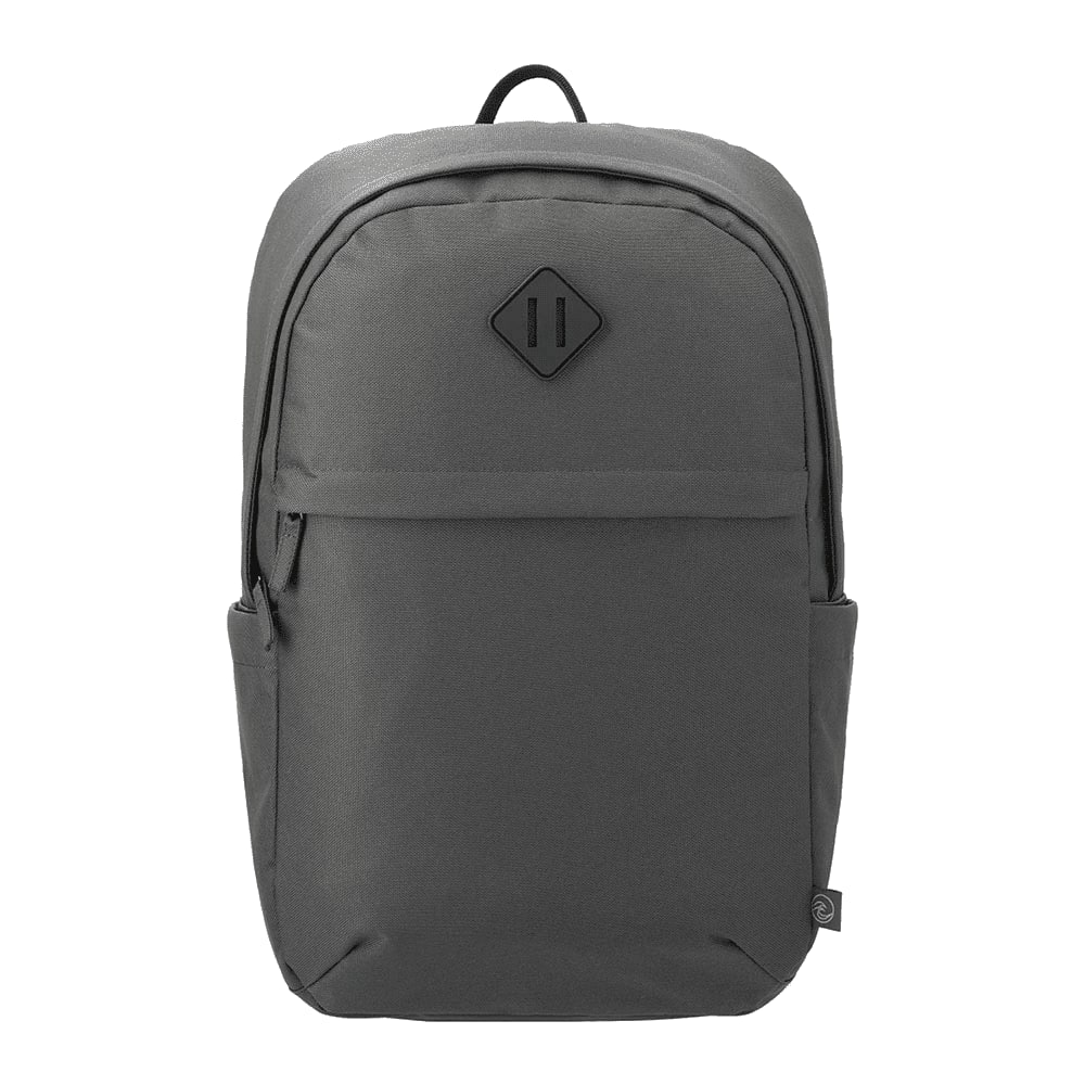 A grey computer backpack made from Repreve recycled material, featuring a logo on the front and adjustable straps.