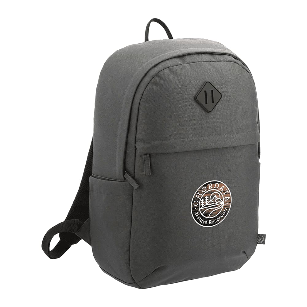 A dark grey backpack made from Repreve recycled material, featuring a front pocket and adjustable straps.