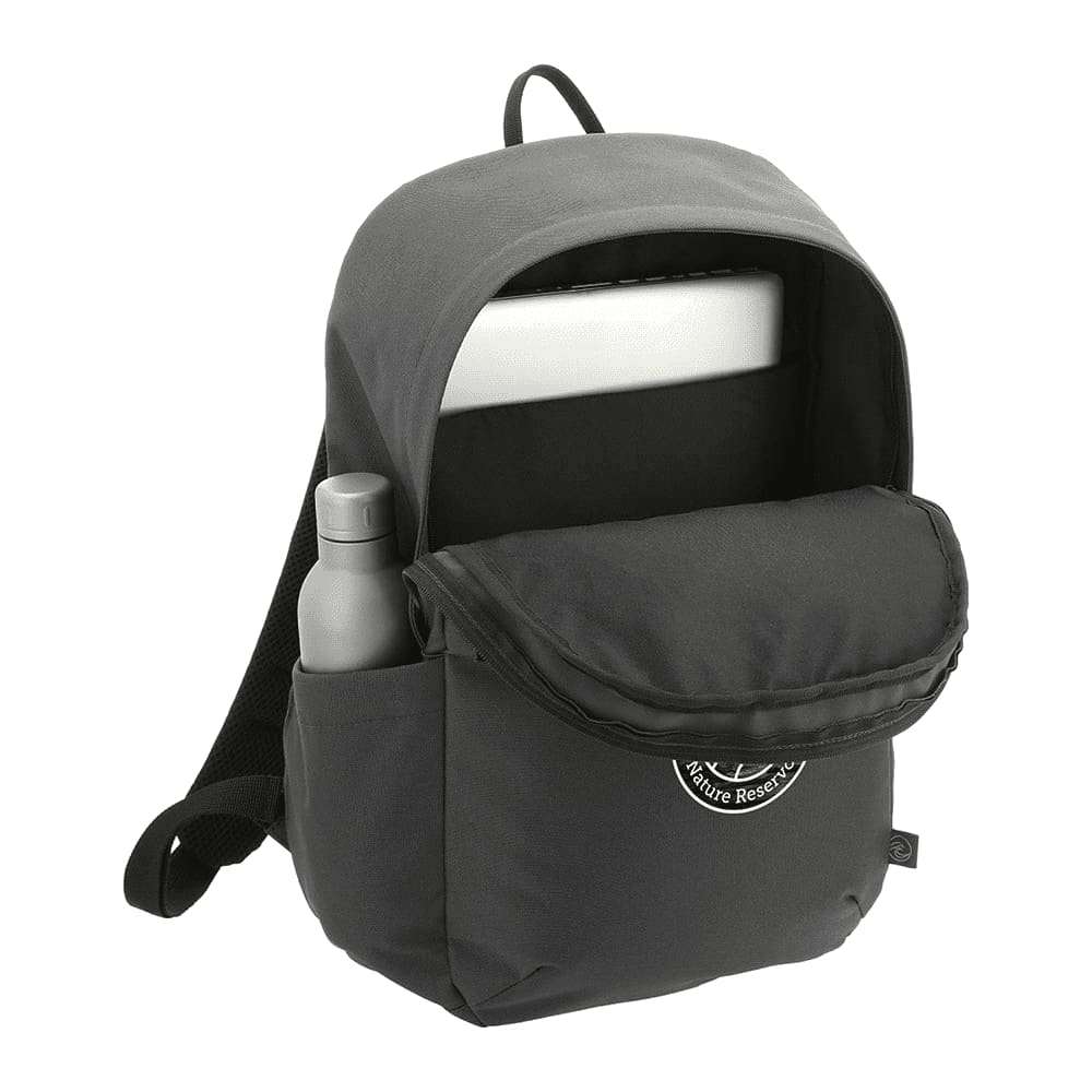 A black 19L computer backpack made from Repreve recycled material with a front pocket and a drink bottle in a side pouch.