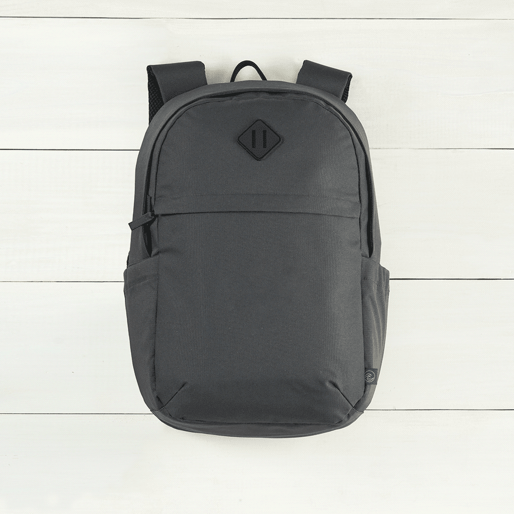 A grey 19L computer backpack made from Repreve recycled material, featuring a logo and multiple pockets.