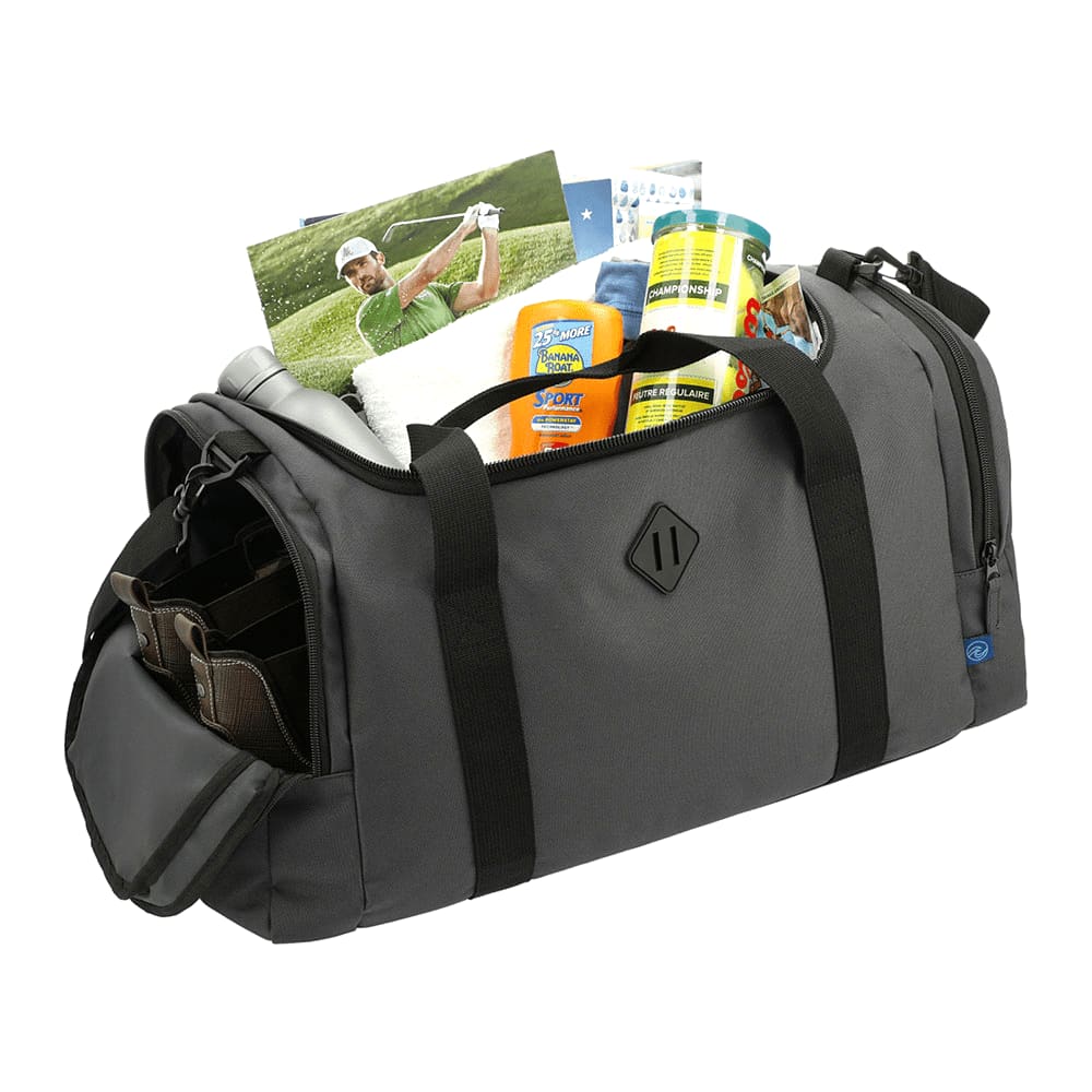 A dark grey duffel bag made from Repreve recycled material with multiple zippered compartments and a shoulder strap.