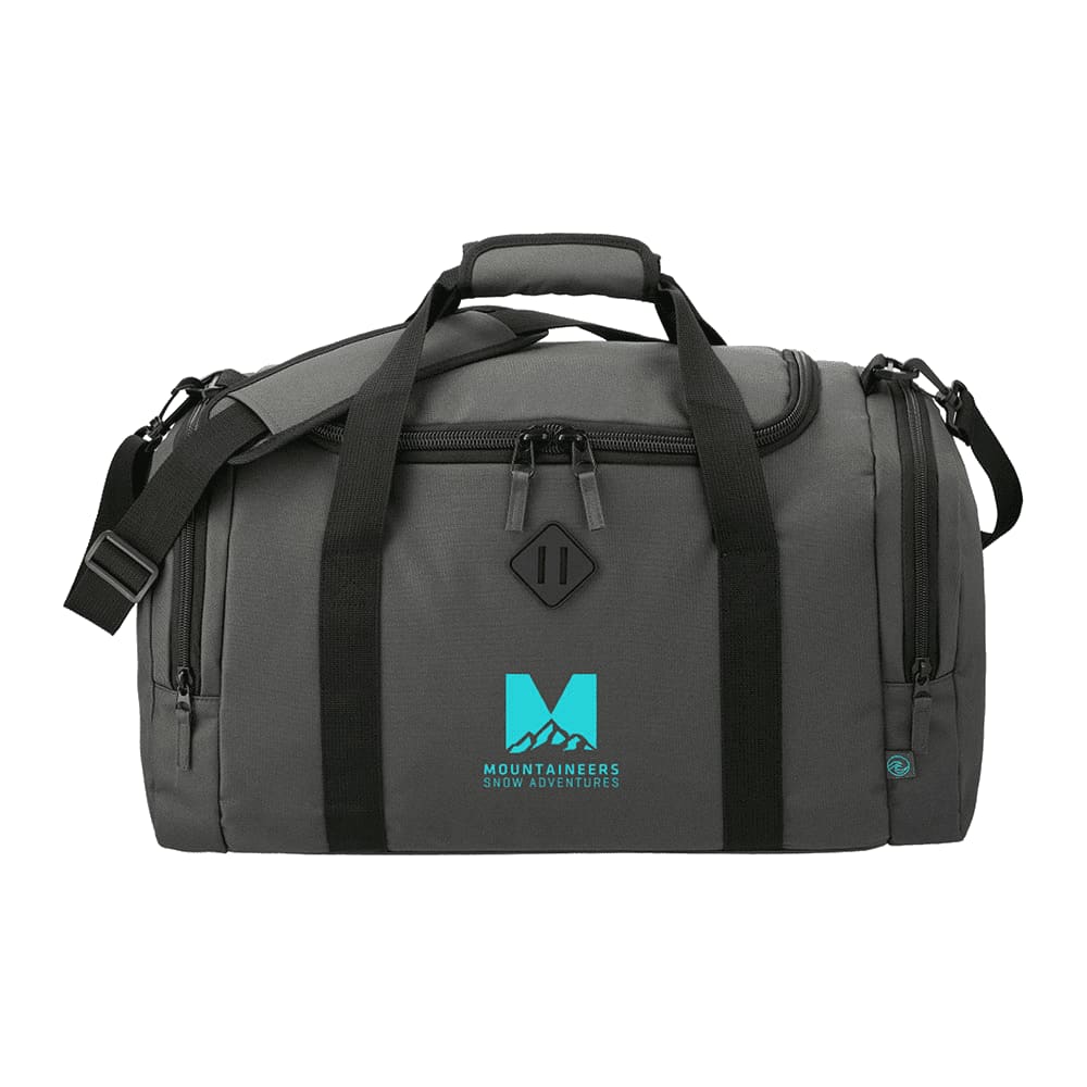 A dark grey duffel bag made from recycled material, filled with various items including drinks and sport-related supplies.