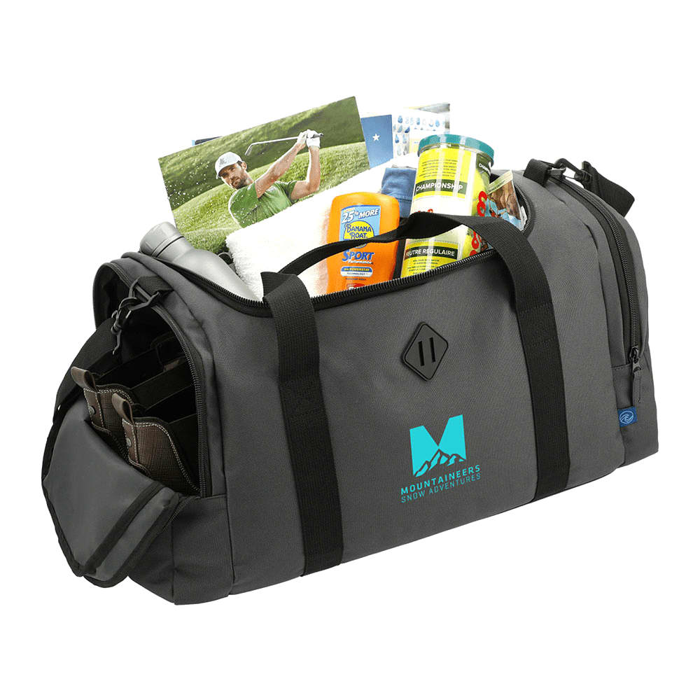 A grey duffel bag made from Repreve recycled material with a shoulder strap and a logo on the front.