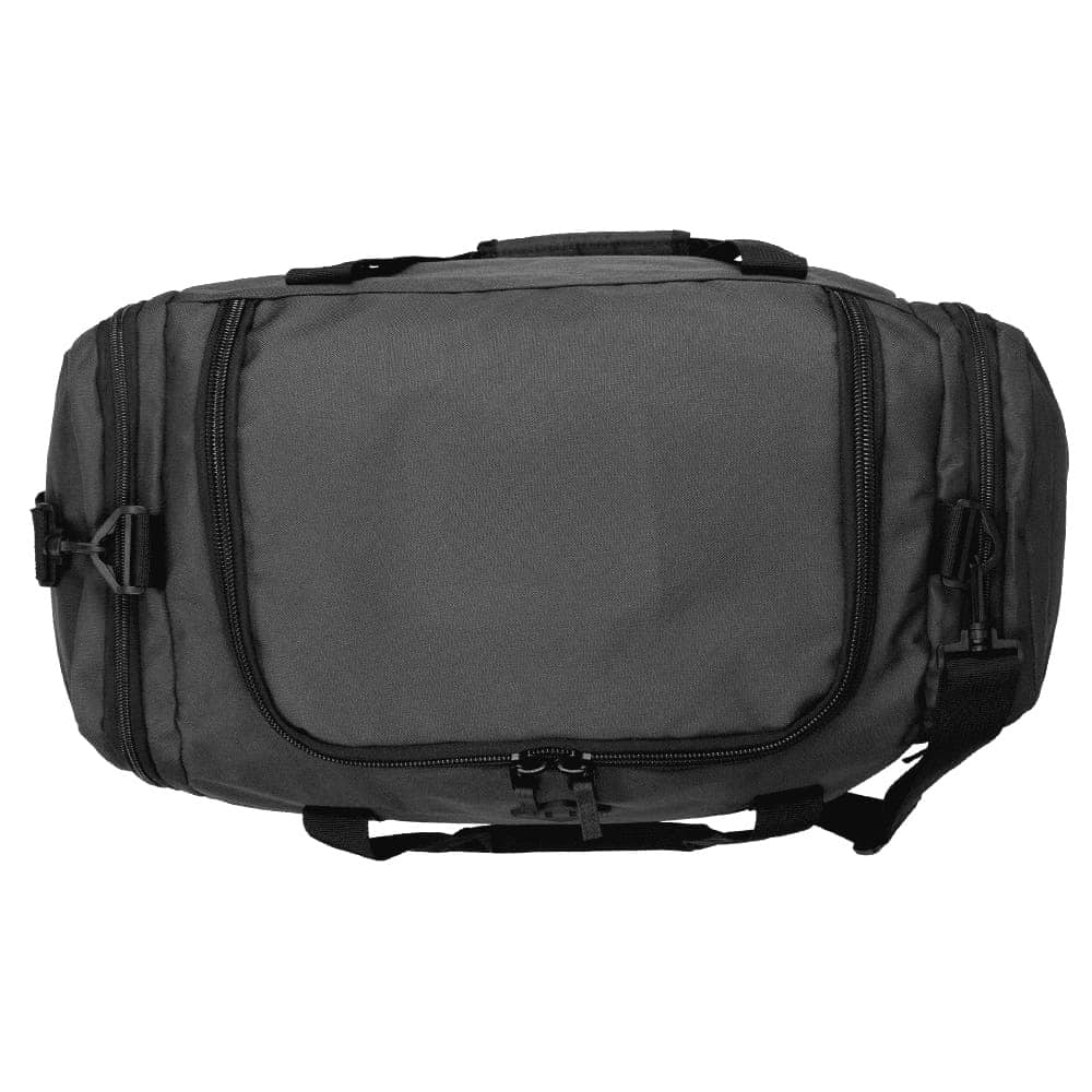 A grey duffel bag with a shoulder strap, featuring a logo and zippered compartments. Made from recycled material.