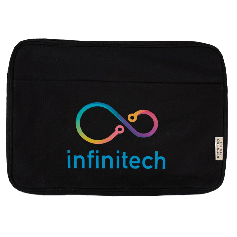 A black recycled canvas laptop sleeve featuring a front pocket and a zip closure. It has a branding logo.