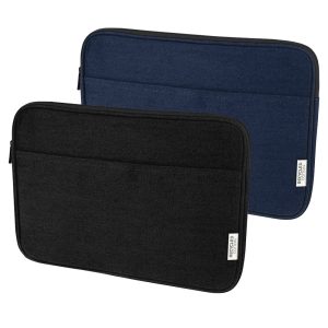 A black recycled canvas laptop sleeve featuring a colourful logo and a zippered pocket. Suitable for a 16" laptop.