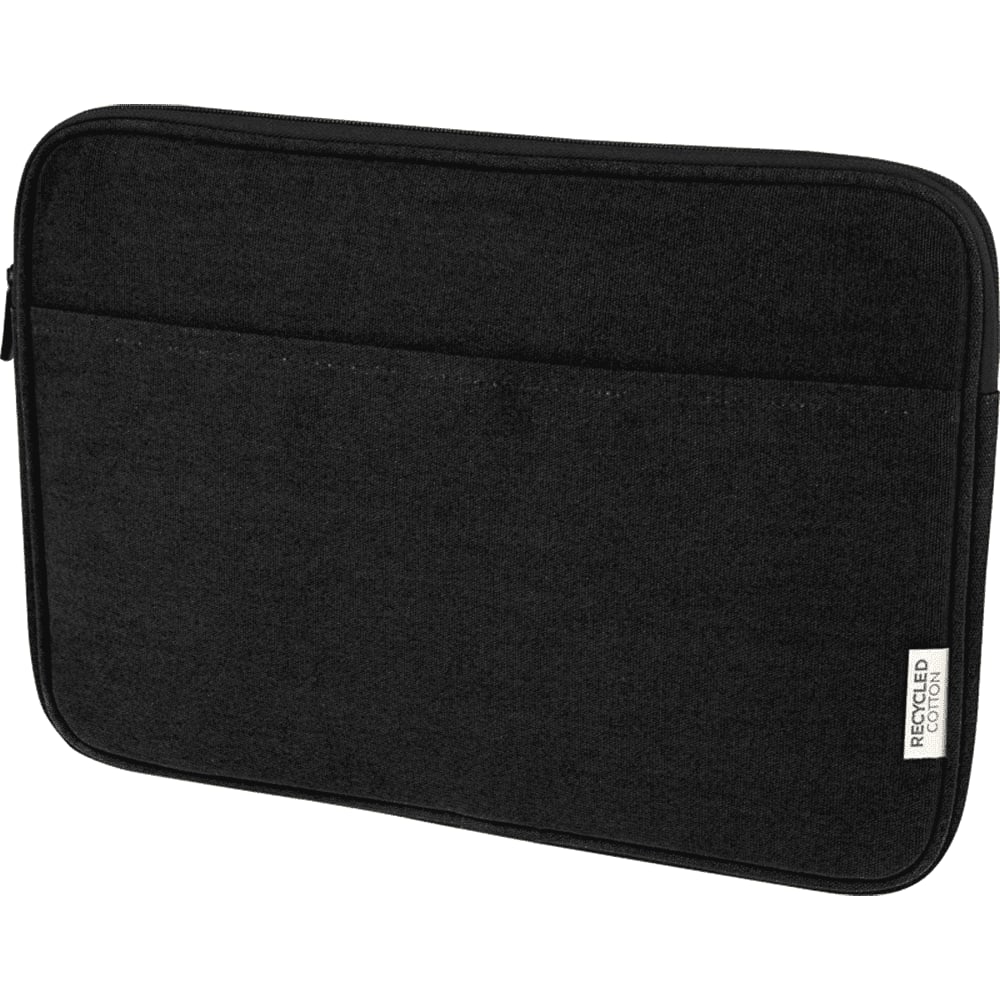 A navy blue laptop sleeve made from recycled canvas, featuring a zipped closure and a front pocket.