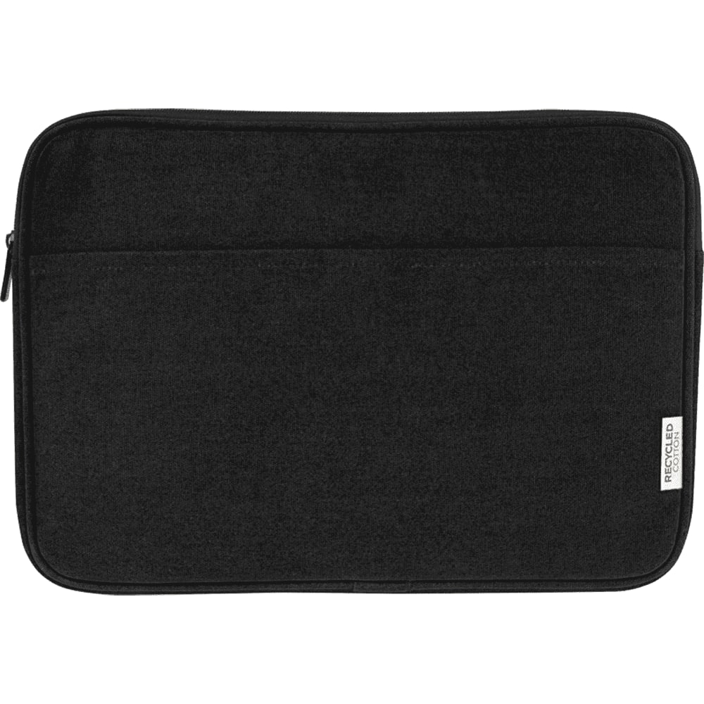 A navy recycled canvas laptop sleeve with a zipper and a tag, resting on a white desk alongside a keyboard and mug.