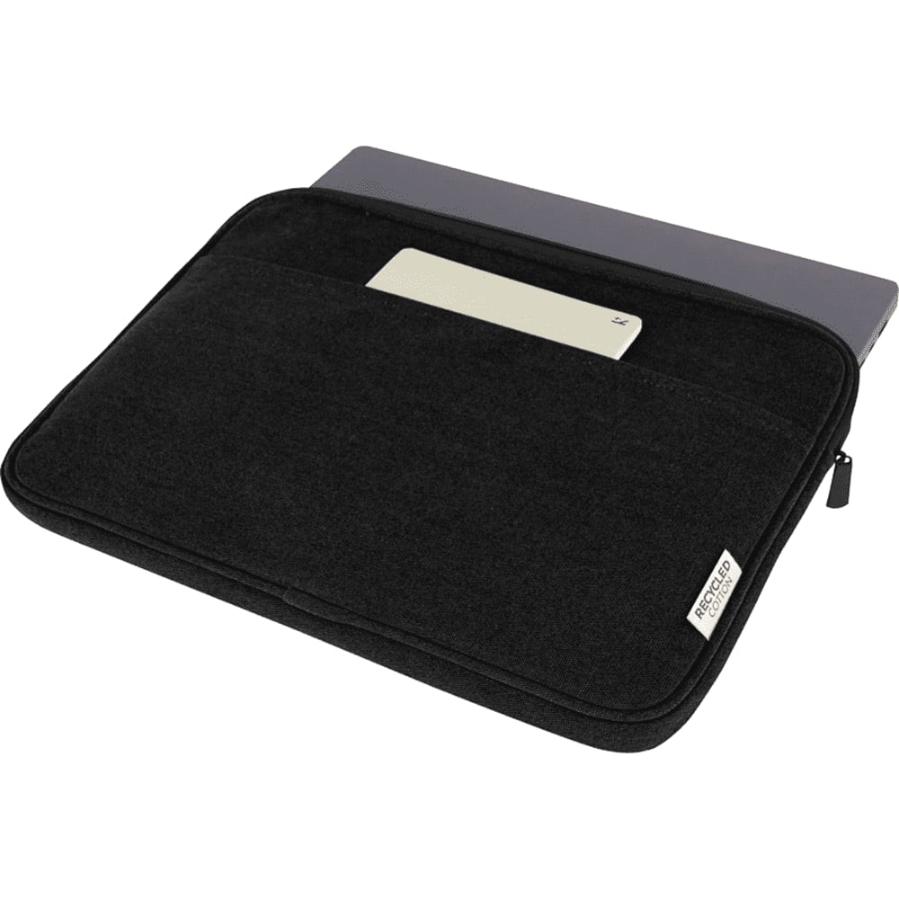 A black recycled canvas laptop sleeve with a zip closure and a plain exterior.