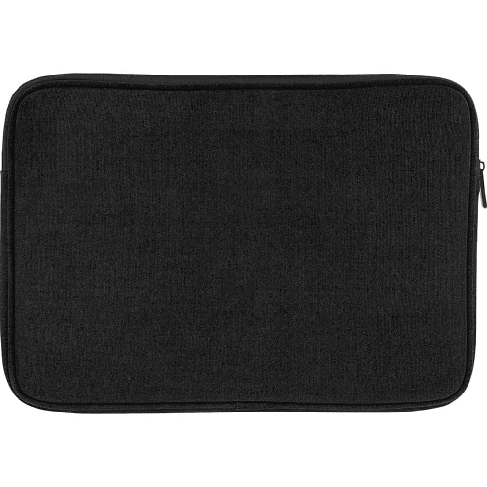 A black recycled canvas laptop sleeve with a zip closure and branding.