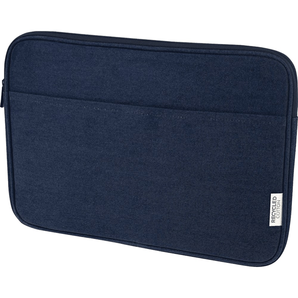 A navy recycled canvas laptop sleeve featuring a front pocket and a zip closure. The display includes a grey laptop inside.