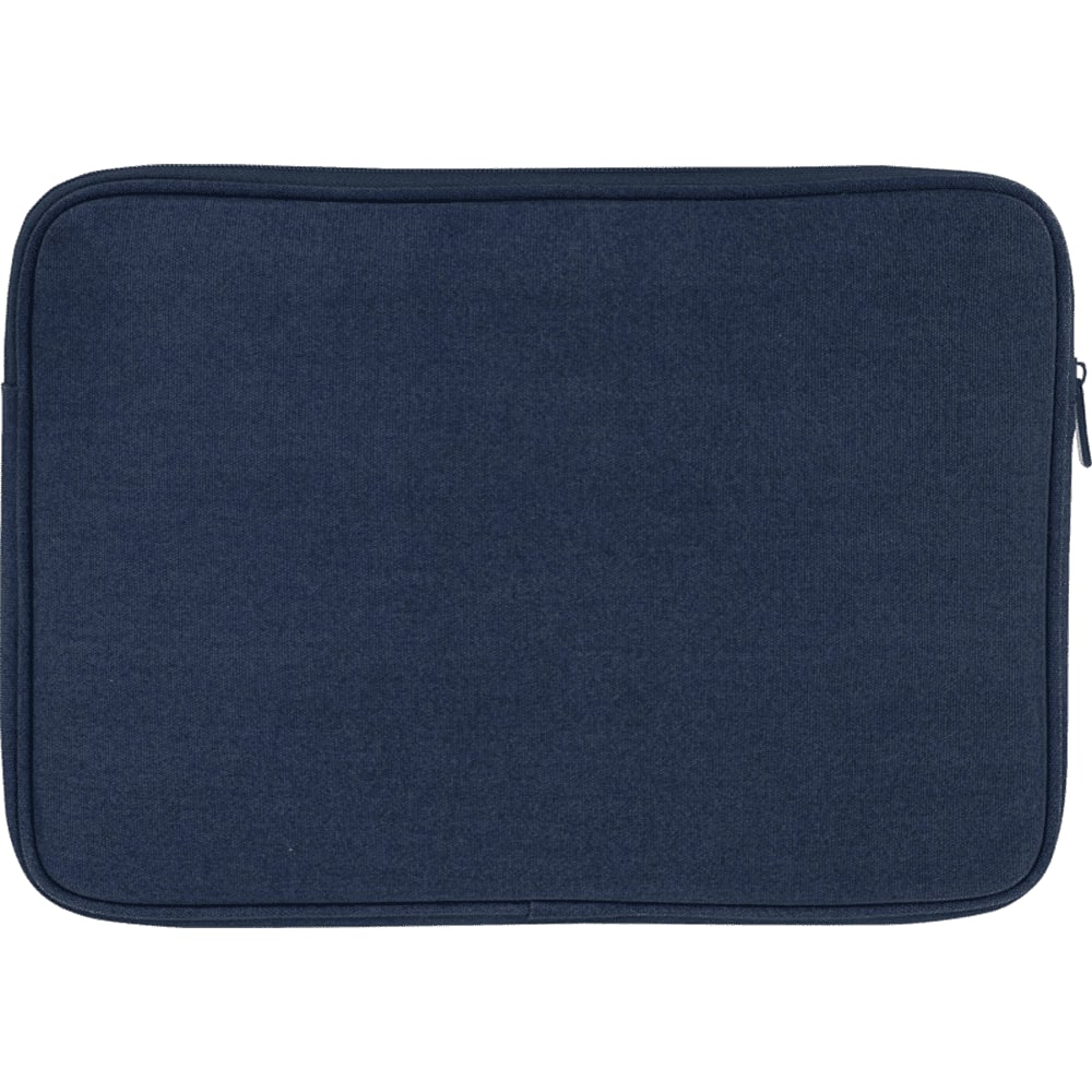 A navy blue laptop sleeve made from recycled canvas, featuring a zip closure and a logo.
