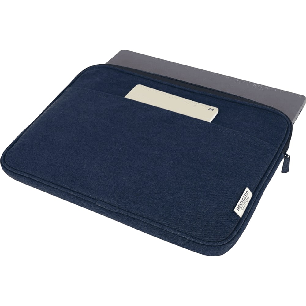 A navy blue laptop sleeve made from recycled canvas, featuring a zip closure and a minimalistic design.