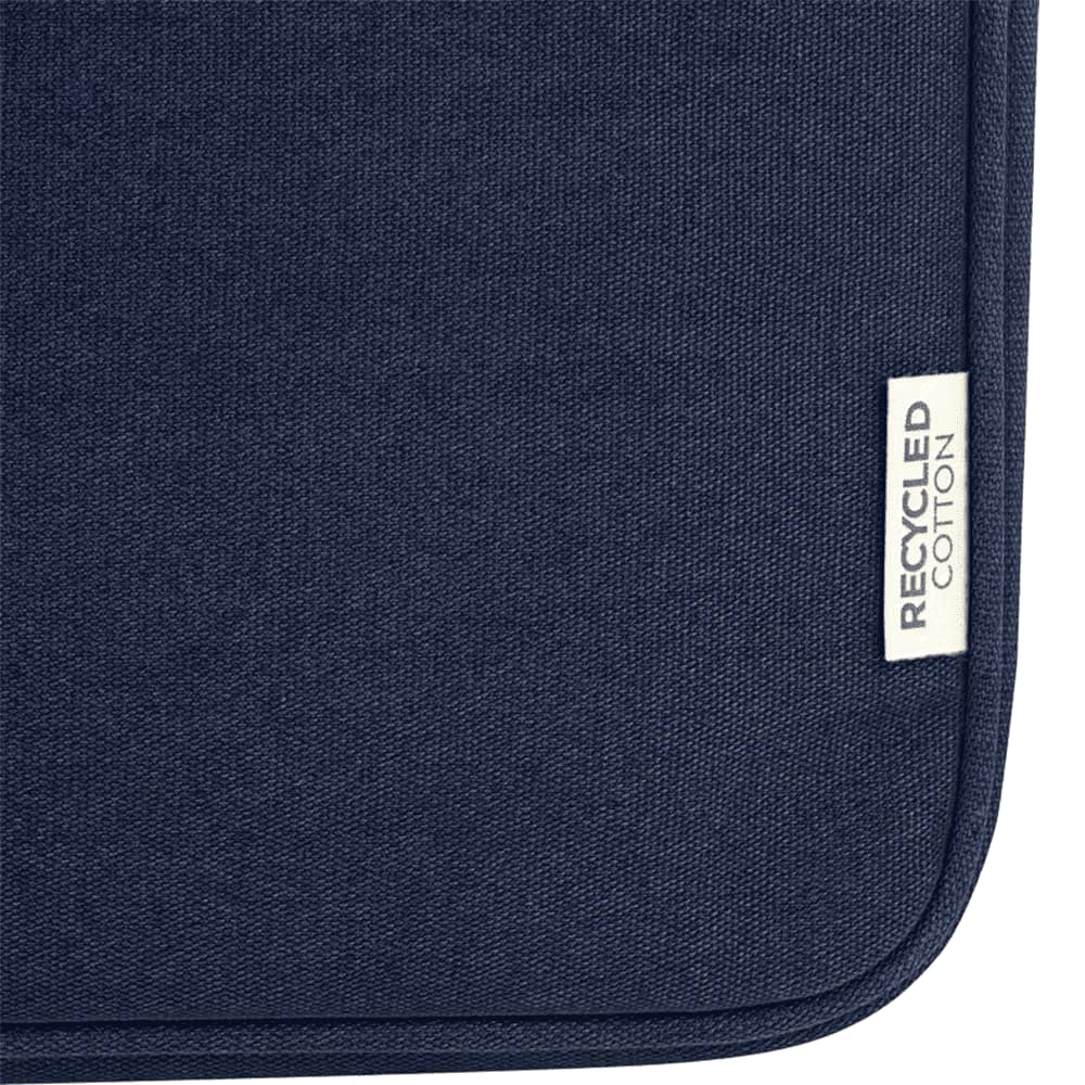 A black recycled canvas laptop sleeve with a zip closure and a pocket on the front. It features a logo.